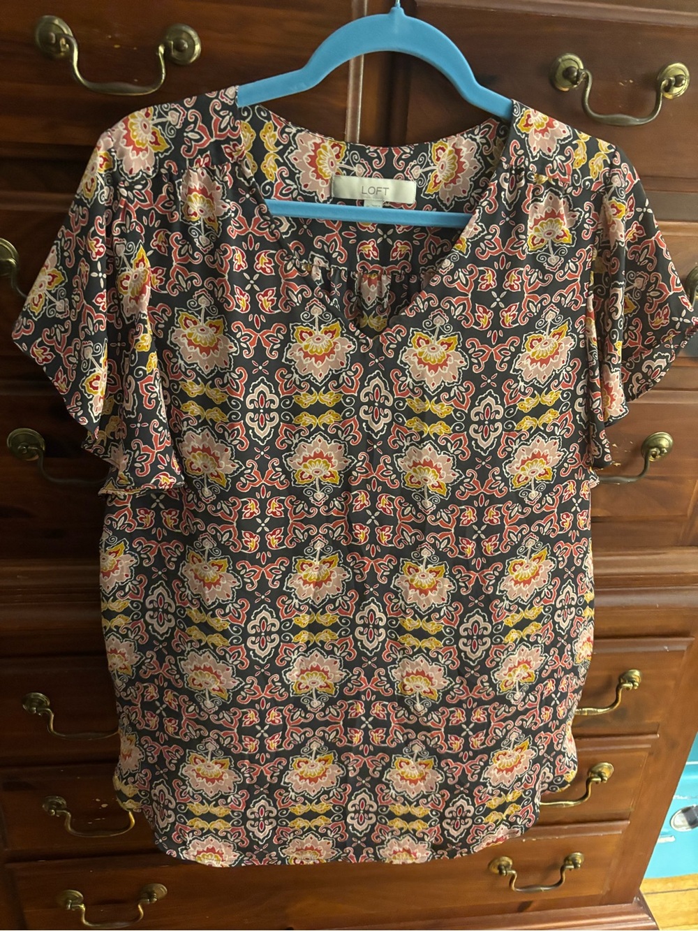 LOFT Brown Multicolor Patterned Flutter-Sleeve Blouse